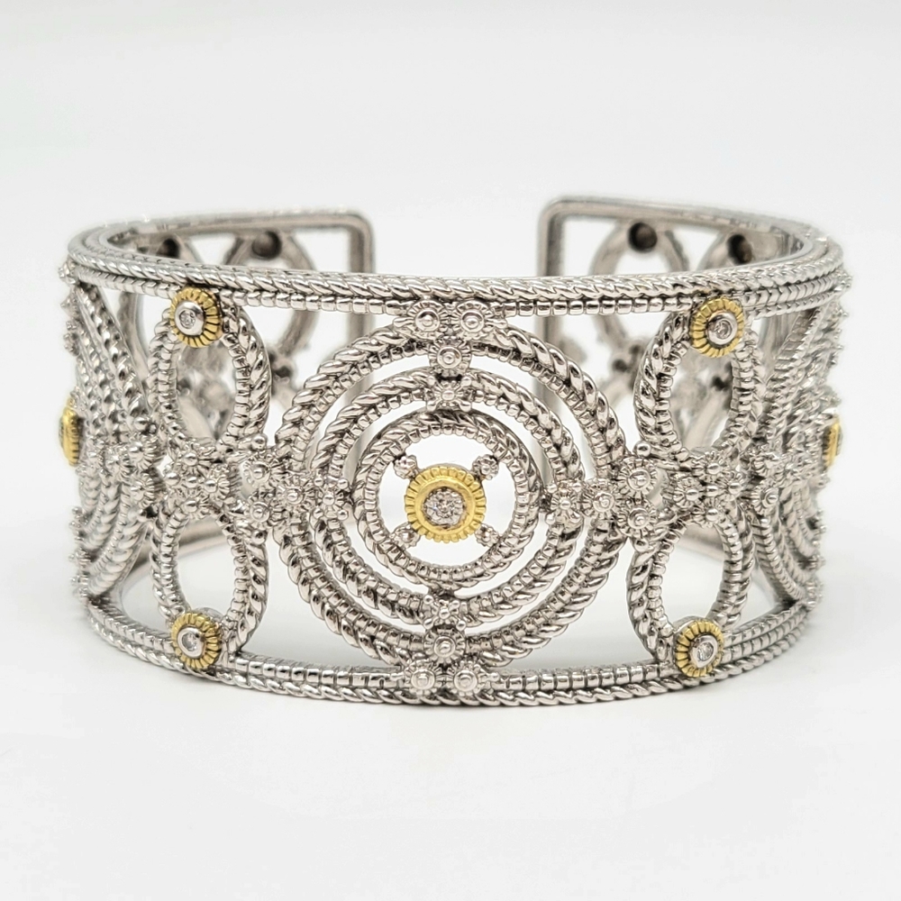Judith Ripka GENUINE DIAMOND 925 Sterling Silver and 18k Gold Hinged Kick Cuff